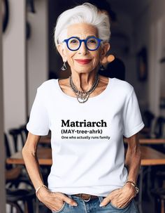 Matriarch: The Woman, The Legend" Shirt Celebrate the strength, wisdom, and leadership of the family's cornerstone with this empowering "Matriarch" shirt. Whether she's the glue that holds everyone together or the source of endless love and wisdom, this shirt is a tribute to the powerful woman who commands respect and adoration. Perfect as a thoughtful gift for mothers, grandmothers, or any leading lady who embodies the spirit of the Matriarch! Unisex, Comfort Colors Shirt, or Gildan Sweatshirt.  This will be your go-to funny t-shirt.  It has a cool, funny graphic on the front and comes in many colors.   WHY BUY FROM MY STORE? Hello, I'm Cathy, and everything in my shop is made by ME.  I take pride  in providing great quality shirts, excellent customer service, and great competitive prices Best Grandma Gifts, Funny Grandma Shirts, Powerful Woman, Best Grandma, Gildan Sweatshirt, Grandma Shirts, Womens Shirt, Senior Citizen, Gildan Sweatshirts