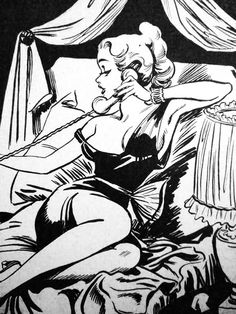 a black and white drawing of a woman laying in bed