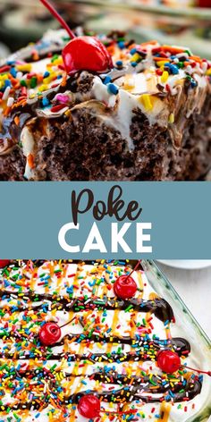 a piece of cake with sprinkles on it and the words poke cake above it