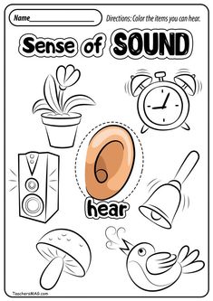 a coloring page with the words sense of sound and an image of a clock, plant,