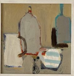 an oil painting of two bottles and a teapot