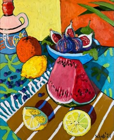 a painting of watermelon and lemons on a table