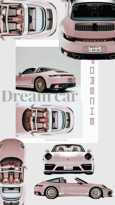 four different views of a pink car with its doors open and the top down, from above