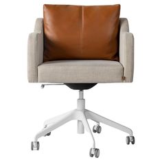 an office chair with a brown leather pillow on the back and white casteor wheels