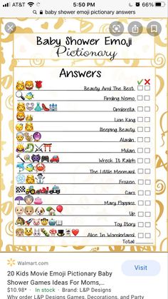 a baby shower checklist with the words baby shower emojy and answers on it