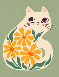 a white cat with yellow flowers on it's chest and eyes, sitting in front of a green background