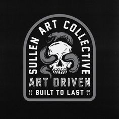 a black and white logo with a skull in the center, on a black background