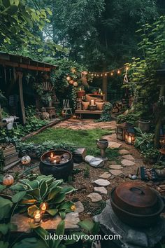 an outdoor garden with lots of plants and lights