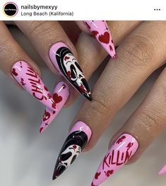 Scream Movie Nails, Scream Face Nails, Scream Valentine Nails, Pink Scream Nails, Pink Ghostface Nails, Scream Mask Nails, Nail Designs Scream, Scream Halloween Nails