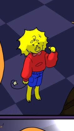 two cartoon images one with an orange and the other with a yellow hair wearing a red shirt