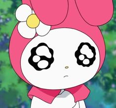 an anime character with big eyes and a pink hair wearing a flower in her hair