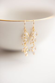 two gold - tone earrings with crystal drops hanging from the end of a wire on a white plate