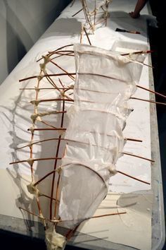 a sculpture is being made with sticks and plastic wrapped around the body, in an art gallery