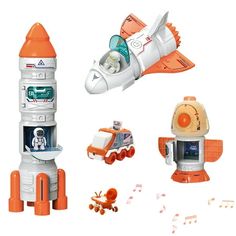 an assortment of toys including a rocket ship, space shuttle and other items on a white background