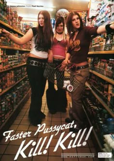 two women are standing in the aisle of a grocery store and one is holding her arms out