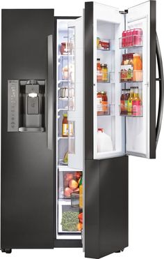 an open refrigerator and freezer combo with the door opened to show its contents inside