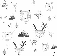 black and white drawing of animals with trees in the background