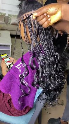 Braiding the French curls neatly. Curly braiding hair. How To Make French Curls, French Curls Tutorial, How To Make Curls On Braids, French Braid Hairstyles Tutorial, How To Do French Braid, Micro Braids With Curly Ends, Curly French Braid, French Braid Box Braids, French Braid Curly Hair