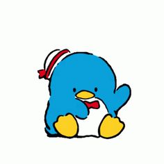 a blue penguin with a red bow on its head