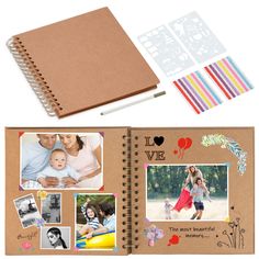 an open notebook with pictures and stickers on it