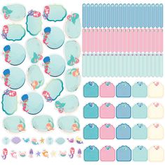 the little mermaids stickers and labels are shown in blue, pink, and white