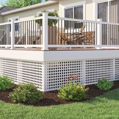 Decorative Lattice is a perfect yard or deck accent that can enhance or add beauty to your home or creative project. Low-maintenance, impact-resistant plastic material will ensure that your lattice is stable in extreme climates and will be as strong as it is attractive. Lattice is quick and easy to install. Available in a variety of colors and styles with color matching accessories. Style Selections 1/4-in x 48-in x 8-ft White Vinyl Privacy Lattice | 73055836 Deck With Lattice Skirting, Patio Lattice Ideas, Screened In Porch With Lattice, Lattice For Deck Skirting, Deck Lattice Skirting, Under Deck Lattice Ideas, Lattice For Deck, Porch Lattice Ideas