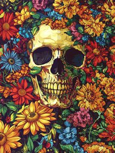 a painting of a skull surrounded by flowers