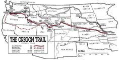 the oregon trail is shown in red and black on a map with white outlines