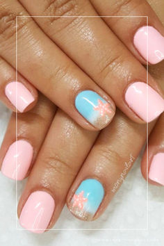 pink starfish nails Summer Nail Polish Designs, Shellac Holiday Nails, Hawaii Manicure Ideas, Cute Nail Inspo Short Summer, Easy Designs On Nails, Tropical Color Nails, Summer Beach Toe Nails, End If Summer Nail Ideas