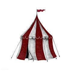 a red and white striped tent with a flag on it's pole, drawing by hand