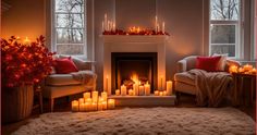 a living room filled with lots of candles next to a fire place in the fireplace