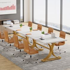 a long table with many chairs around it in front of a large window overlooking the city