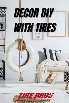 a living room filled with furniture and hanging items on the wall next to a white rug