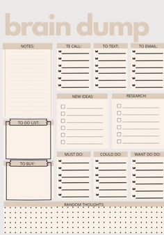 a printable brain dump planner with notes and to do lists on the front page