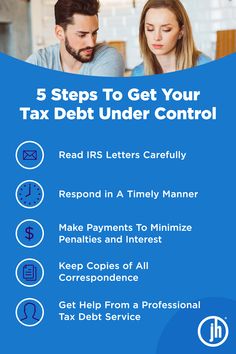 a man and woman sitting at a desk with the text 5 steps to get your tax under control