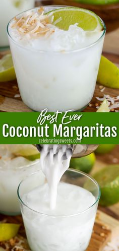 Coconut margarita in a clear glass cup in the top picture and it is being poured into the cup in the bottom picture Coconut Tequila, Coconut Margarita, Boozy Drinks, Mixed Drinks Recipes, Cocktail Drinks Recipes, Margarita Recipes, Drinks Alcohol, Alcohol Drinks