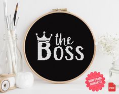 the boss cross stitch pattern in black and white