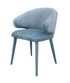 an upholstered blue chair with wooden legs and a curved back, on a white background