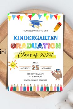 this is an image of a class graduation party card with the words, you are invited to our kindergarten graduation class of 2021