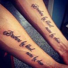 two people with matching tattoos on their legs that say between them is forever and never