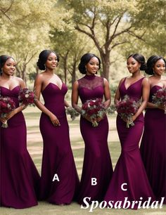 the bridesmaids are all wearing purple dresses