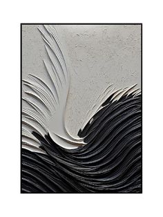 an abstract black and white painting with wavy lines