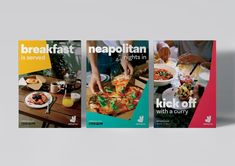 three brochures with different types of food and drinks on the covers, including pizza