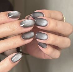 Grey Cat Eye Nails, Grey Cateye Nail, Black And Silver Cat Eye Nails, Chic Nails Elegant, Black Silver Cat Eye Nails, Ideas Uñas, Blue Gel Nails, Multicolored Nails