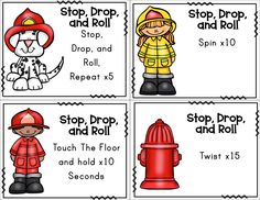 four different fire safety cards with the words ladder climb, drop and roll