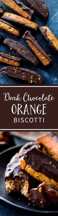 chocolate orange biscotti on a black plate with text overlay that reads, dark chocolate orange biscotti