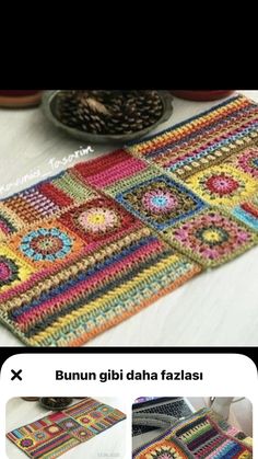 crocheted placemats and rugs are displayed on a table