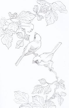 two birds sitting on top of a tree branch next to leaves and flowers, one is black and white