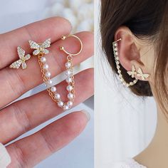 Vintage Pearl Chain Tassel Butterfly Earrings For Women With Ear Clip Fashion Two Wearing Methods