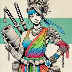 a drawing of a woman holding two different types of objects in her hands and wearing colorful clothing